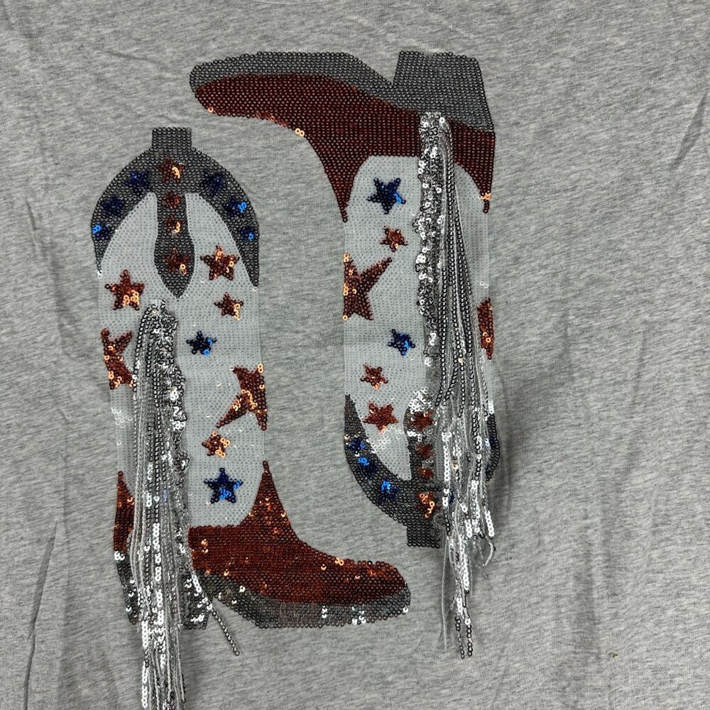Blue B. Collection Womens Heather Grey Sequin Cowboy Boots Tee Shirt Size M